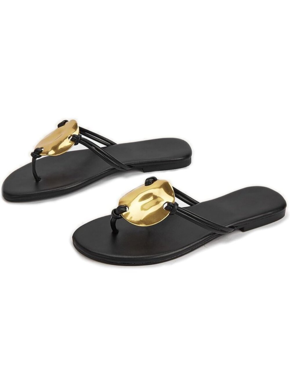 Women's Black Metal Flip Flops Thong Flats Slip on Soft Cushion Dressy Shoes